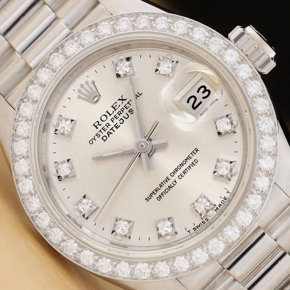 ROLEX LADIES DATEJUST SILVER FACTORY DIAMOND PLATINUM PRESIDENT WATCH